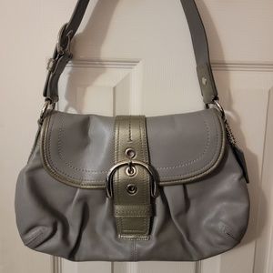 Coach Soho Pleated F15204 Gray Leather Buckle Flap Medium Shoulder Bag Purse